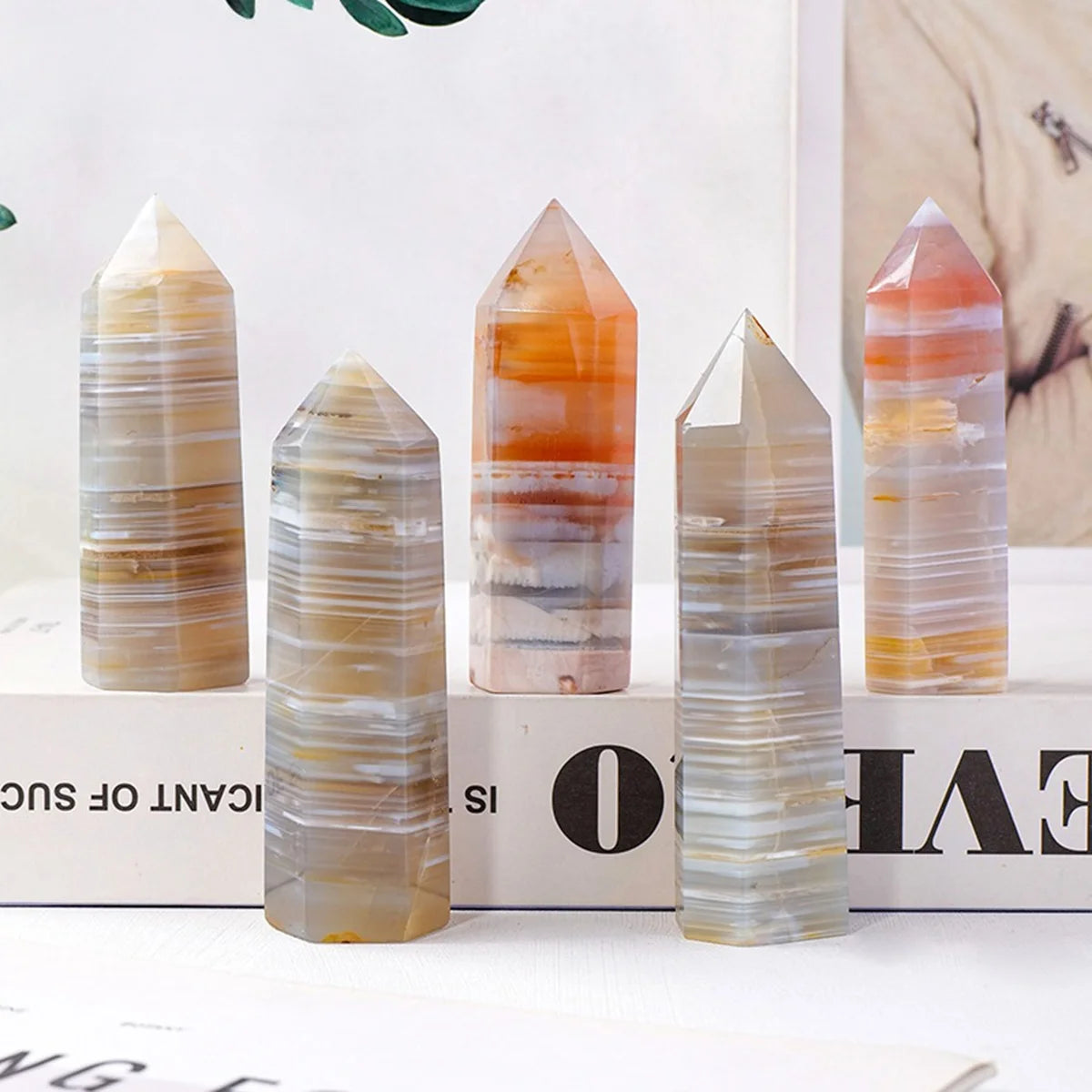 Natural Banded Agate Crystal Point Tower Polished Hexagonal Obelisk Wand for Home Decor Meditation Crystal Collection Gift