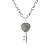 Heart Key Natural Crystal Pendant Necklace Silver Alloy Love Lock Gemstone Chakra Healing Necklace for Women Gift