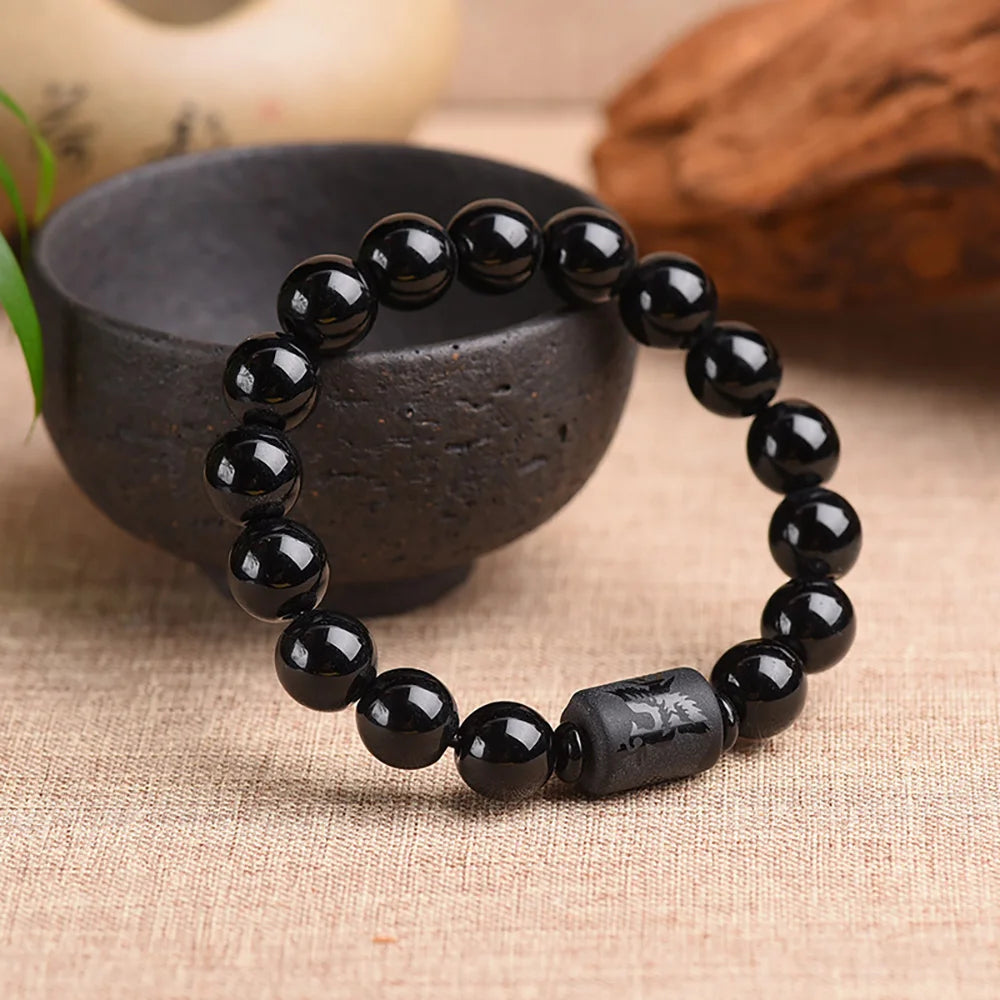 Crystal Obsidian Bracelet Engrave with Dragon or Phoenix Totem Cylinder Bead Men or Women Natural Stone Chain Famous Fashion