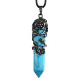 Antique Silver Flower Wire Wrapped Crystal Point Pendant, Natural Gemstone Double Terminated Point Pendant, Floral Metal Wrap Reiki Chakra Healing Pendulum Necklace Pendant for Women