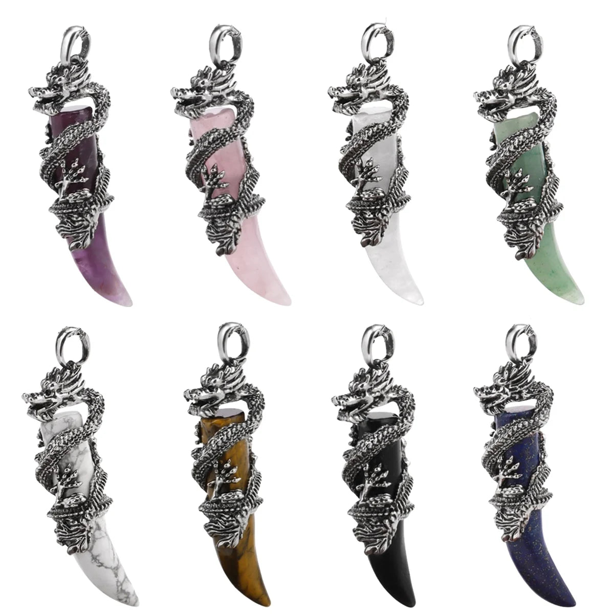 Vintage Stainless Steel Dragon Wrapped Tooth Pendant Necklace • Natural Healing Stone Horn Spike Charms • Gothic Punk Wiccan Crystal Jewelry