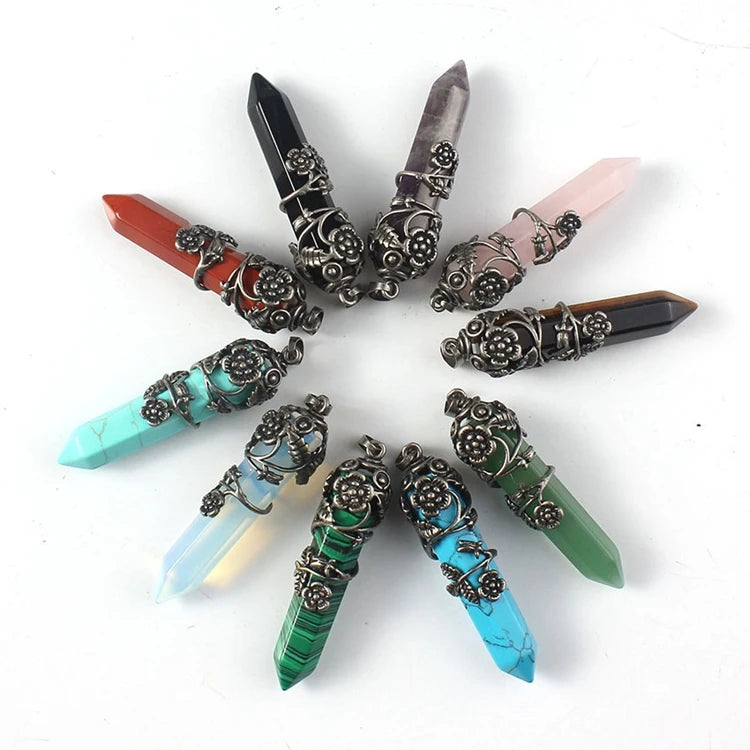 Antique Silver Flower Wire Wrapped Crystal Point Pendant, Natural Gemstone Double Terminated Point Pendant, Floral Metal Wrap Reiki Chakra Healing Pendulum Necklace Pendant for Women