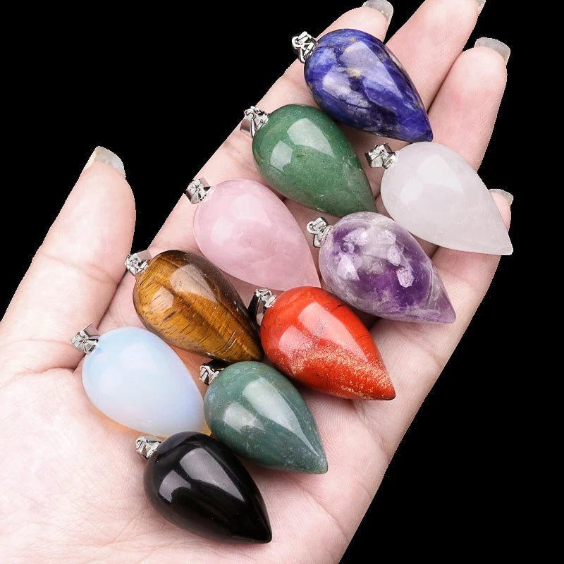 Minimalist Natural Stone Teardrop Necklace Smooth Polished Water Drop Crystal Charm Pendant with Adjustable Black Cord Unisex Spiritual Protection Jewelry