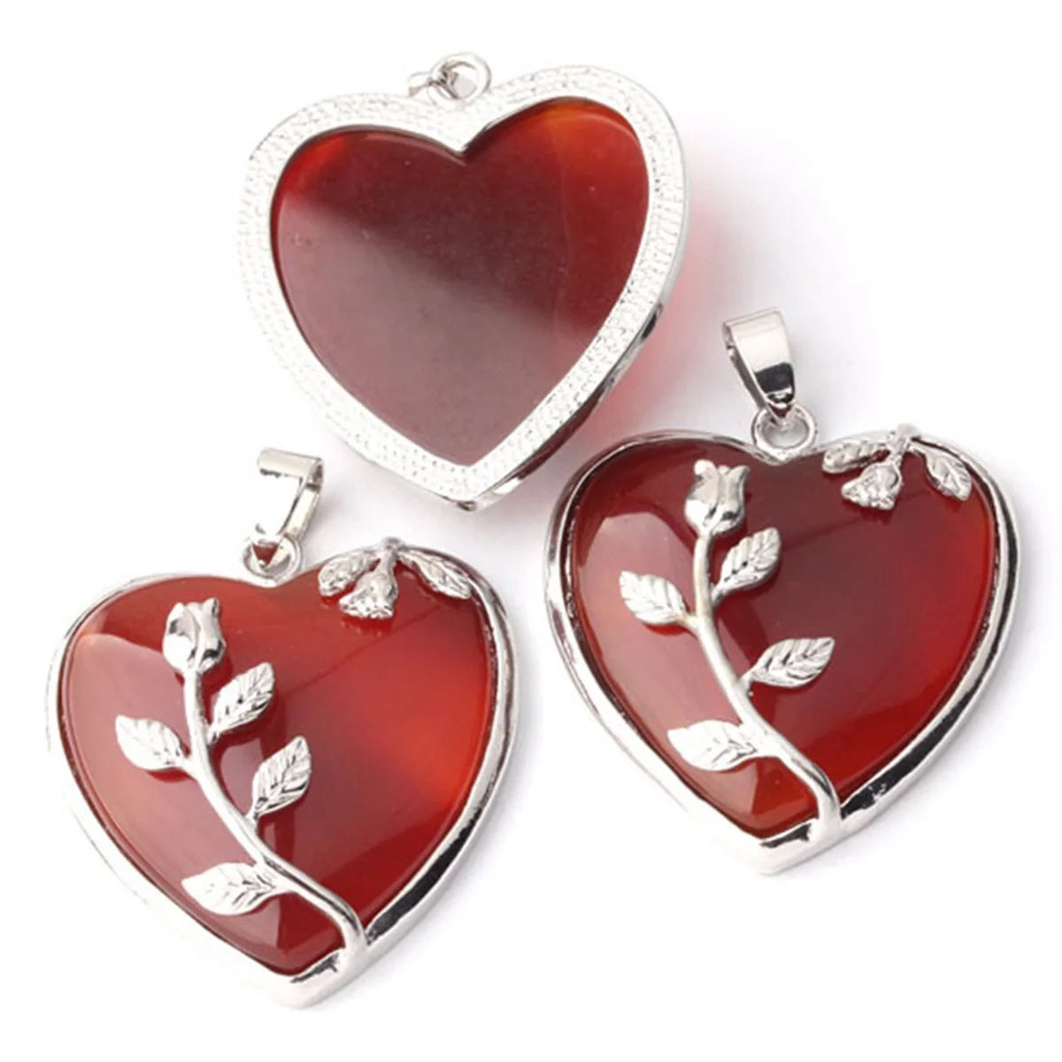 Heart Pendant Silver Rose Flower Wrapped Crystal Stone Necklace Charm for Women Girls Jewelry Gift