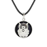 Owl Hollow Pendant Necklace, Silver Plated Natural Crystal Inlay Black Wax Cord Wisdom Symbol Necklace