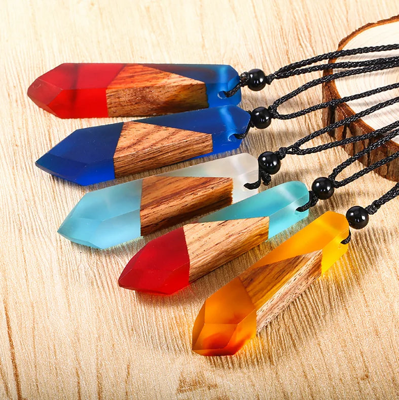 Creative Tie Shape Natural Wood Pendant Necklace, Three‑Color Red Blue Wood Splicing Pendant with Adjustable Black Cord, Handmade Boho Unisex Jewelry