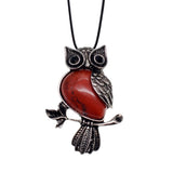 Vintage Antique Silver Owl Pendant, Natural Mixed Gemstone Owl on Branch Charm, Retro Metal Owl Inlaid Crystal Stone Pendant, Reiki Healing Animal Necklace Jewelry for Women