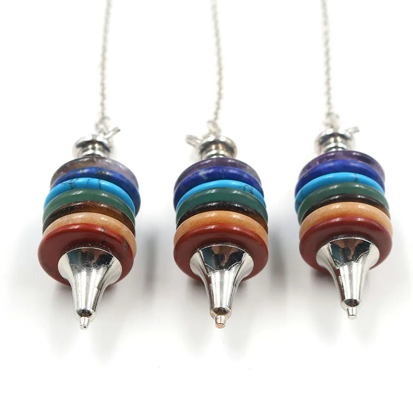7 Chakra Stacked Disc Crystal Pendulum, Natural Gemstone Dowsing Pendulum With Chakra Bead Chain, Reiki Healing Divination Spiritual Meditation Tool