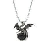 Punk Rock Biker Dragon Orb Necklace Set - Heavy Metal Bead Chain Winged Dragon Guardian Crystal Pendant Gift for Men Women