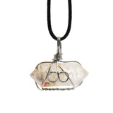 28×11mm Wire-Wrapped Clear Quartz Double Terminated Crystal Pendant Necklace with Black Cord