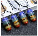 7 Chakra Layered Drum Shaped Natural Gemstone Pendant, Rainbow Bonded Healing Crystal Necklace & Divination Pendulum with Black Rope Cord