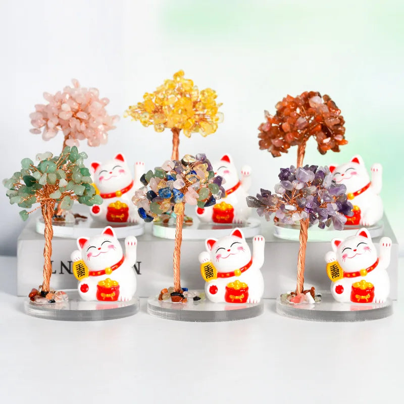 Maneki-neko Lucky Cat Crystal Tree | Feng Shui Fortune Ornament for Home Office Good Luck & Prosperity