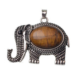 Retro Hollow Pattern Elephant Natural Stone Pendant, Vintage Alloy Lucky Elephant Charm, Healing Crystal Reiki Meditation Amulet for Handmade Necklace