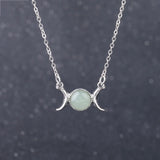 Triple Moon Goddess Natural Crystal Necklace, Silver Plated Triple Crescent Moon Pendant Round Cabochon Gemstone Necklace Reiki Chakra Healing Wicca Spiritual Jewelry for Women