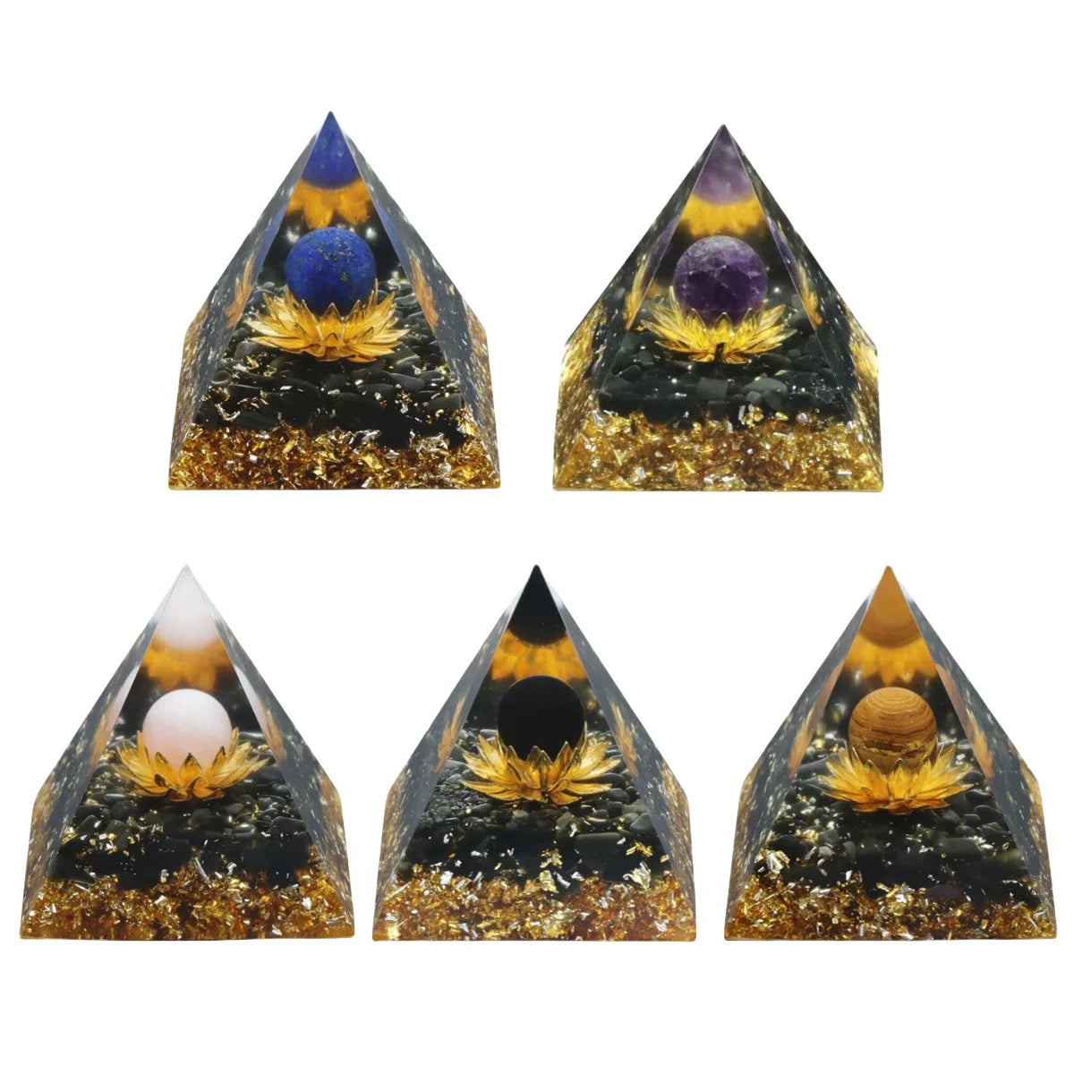 Gemstone Solar Sphere Orgone Pyramid Lotus Base 50MM / 60MM for Home Office Feng Shui Decor & Spiritual Gifts