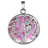 Natural Crystal Tree of Life Owl Pendant Necklace – 30mm Round Gemstone Amulet Jewelry Gift for Women