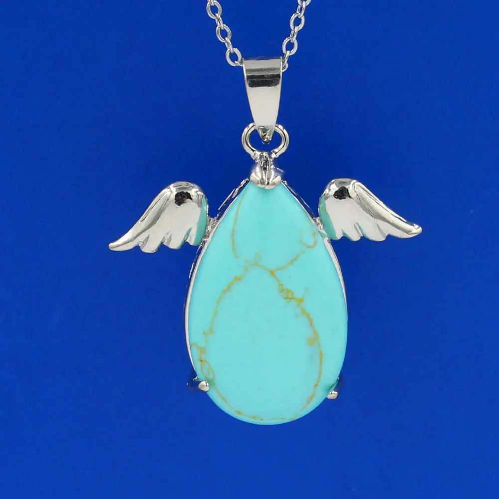 Angel Wing Water drop Necklace Healing Crystal Pendant Women's Chakra Balance Gemstone Necklace with 18 in cross Chain