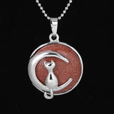 Round Natural Gemstone Pendant Silver Tone Crescent Moon Cat Crystal Charm for DIY Jewelry Making Necklace Craft Supplies