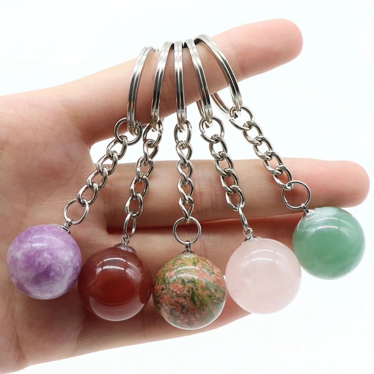 20mm Natural Crystal Sphere Keychain Round Gemstone Ball Key Ring Chakra Healing Stone Bag Pendant Friendship Gift