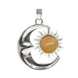 Natural Crystal Sun and Moon Pendant | Celestial Crescent Moon Gemstone Charm | Silver Alloy Sunburst Quartz Cabochon Jewelry Findings for DIY Making