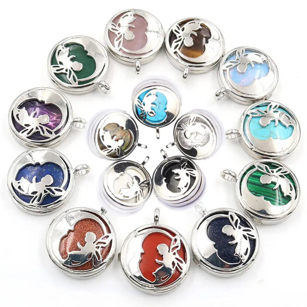 Silver Plated Fairy Open Locket Pendant with Natural Crystal Inlay Hollow Cutout Wish Box Charm for DIY Necklace Jewelry Making