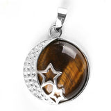 Moon & Star Celestial Natural Gemstone Round Pendant, Silver‑Tone Hollow Star Crescent Moon Frame Crystal Stone Charm for Handmade Necklaces
