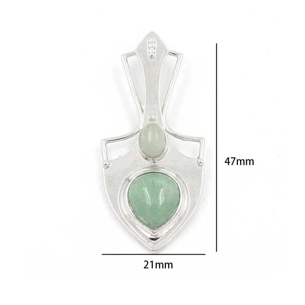 Shield Shape Two Stones Inlaid Natural Crystal Pendant 47×21mm, Silver Plated Alloy Double Gemstone Charm Pendant, Chakra Reiki Healing Stone Pendant for DIY Necklace Jewelry Making Spiritual Boho Gift