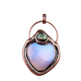 Vintage Copper Heart Crystal Necklace - Natural Gemstone Amethyst Rose Quartz Love Pendant with Abalone Shell Accent Witchy Jewelry
