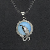 Eagle Silhouette Round Pendant Necklace Silver Lace Frame Natural Crystal Black Wax Cord Spirit Animal Jewelry