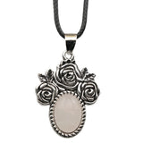 Silver Rose Flower Oval Gemstone Necklace 45CM Black Cord SN1503  10X14mm Stone Cab Pendant Jewelry