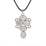 5 Stones Oval Crystal Scroll Wire Pendant Necklace, Silver Swirl Frame Natural Gemstone Black Wax Cord Boho Chakra Jewelry