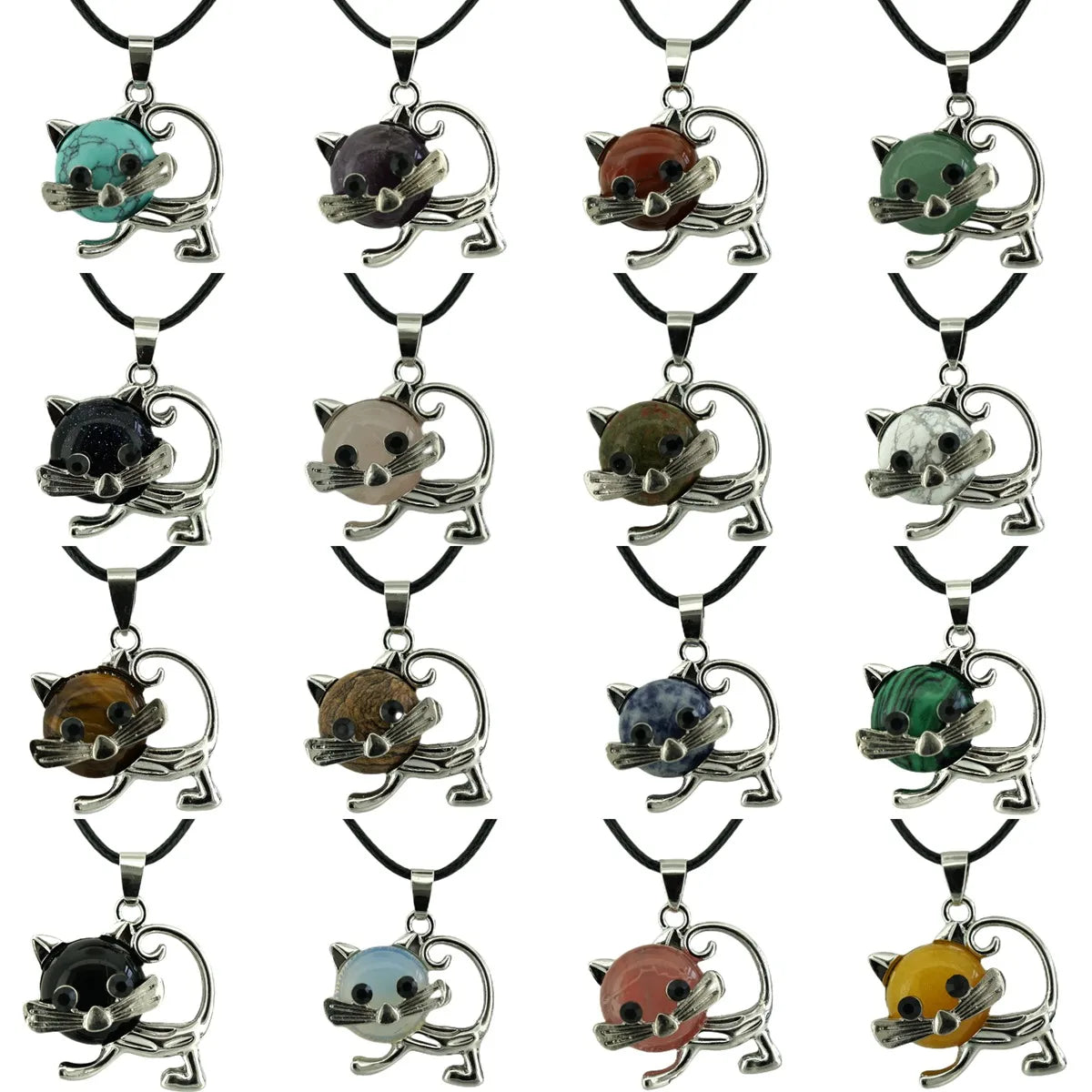 Natural Crystal Cat Pendant Necklace, Silver Alloy Frame Gemstone Charm, Healing Jewelry for Cat Lovers