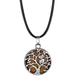 Owl Family Tree of Life Gemstone Necklace – 30mm Round Natural Stone Pendant with 18-Inch Leather Cord