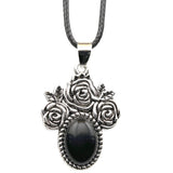 Silver Rose Flower Oval Gemstone Necklace 45CM Black Cord SN1503  10X14mm Stone Cab Pendant Jewelry