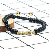 Men Natural Tiger Eye Black Onyx Lava Rock Bracelet, Adjustable Slider Braided Rope Beaded Bracelet with Gold Spacer Beads Energy Healing Wrist Jewelry