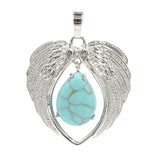 Natural Crystal Angel Wings Pendant | Teardrop Gemstone Heart Amulet Charm | Silver Alloy Feather Wing Quartz Droplet Jewelry Findings for DIY Making
