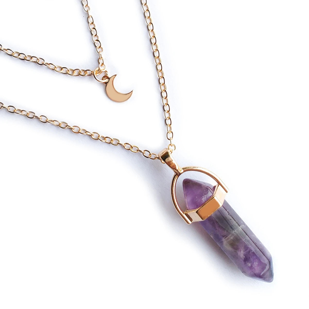 Layered Moon Choker Hexagonal Crystal Point Pendant Necklace, Natural Healing Gemstone Gold Plated Chain for Women