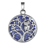 Natural Crystal Tree of Life Owl Pendant Necklace – 30mm Round Gemstone Amulet Jewelry Gift for Women