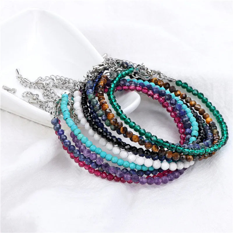 Tiny Micro Faceted Natural Stone Beaded Bracelet Silver Adjustable Extension Chain Dainty Stacking Bracelet for Women Daily Layering Jewelry