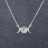 Triple Moon Goddess Natural Crystal Necklace, Silver Plated Triple Crescent Moon Pendant Round Cabochon Gemstone Necklace Reiki Chakra Healing Wicca Spiritual Jewelry for Women