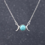 Triple Moon Goddess Natural Crystal Necklace, Silver Plated Triple Crescent Moon Pendant Round Cabochon Gemstone Necklace Reiki Chakra Healing Wicca Spiritual Jewelry for Women
