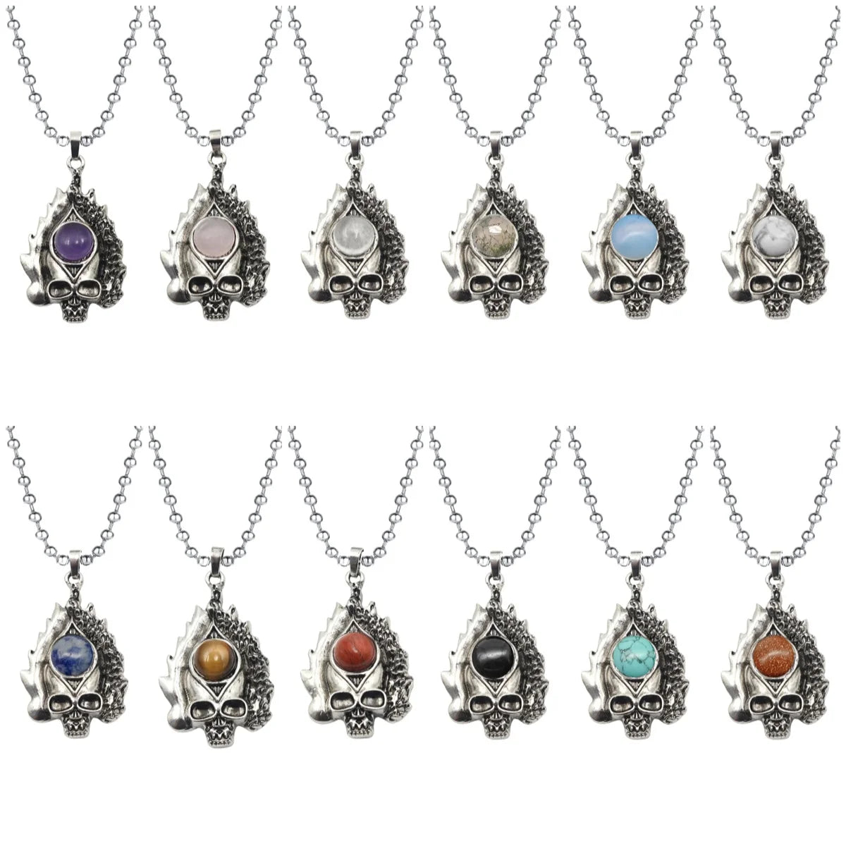 Gothic Flame Skull Pendant Necklace • Stainless Steel Ball Chain with Natural Gemstone Ball • Punk Hip Hop Skeleton Rocker Jewelry for Men Women