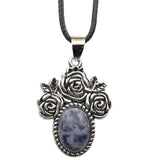 Silver Rose Flower Oval Gemstone Necklace 45CM Black Cord SN1503  10X14mm Stone Cab Pendant Jewelry