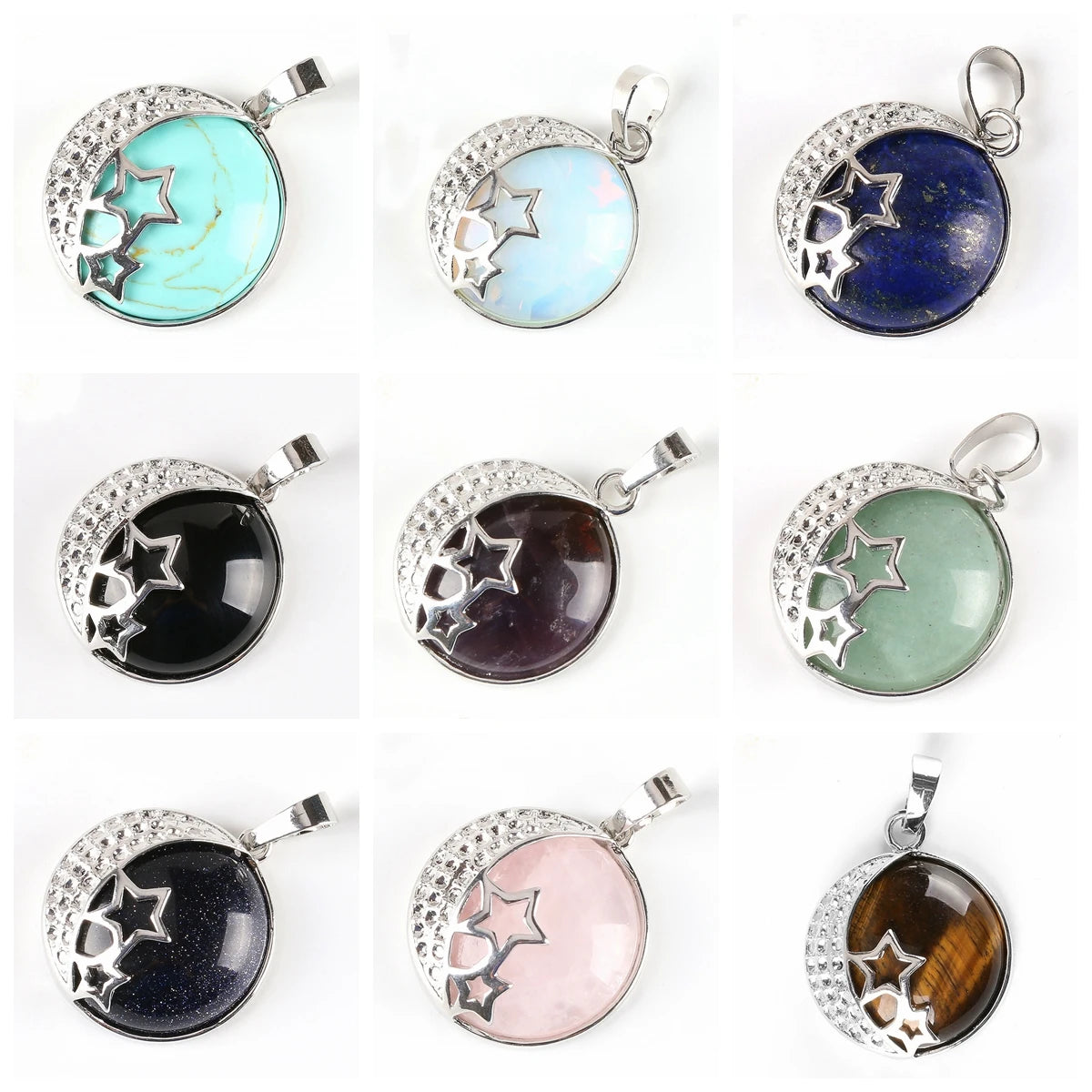 Moon & Star Celestial Natural Gemstone Round Pendant, Silver‑Tone Hollow Star Crescent Moon Frame Crystal Stone Charm for Handmade Necklaces
