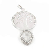 Silver Plated Life Of Tree Pendant with Teardrop Natural Crystal Stone Hollow Filigree Chakra Healing Gemstone Charm for Necklace Making