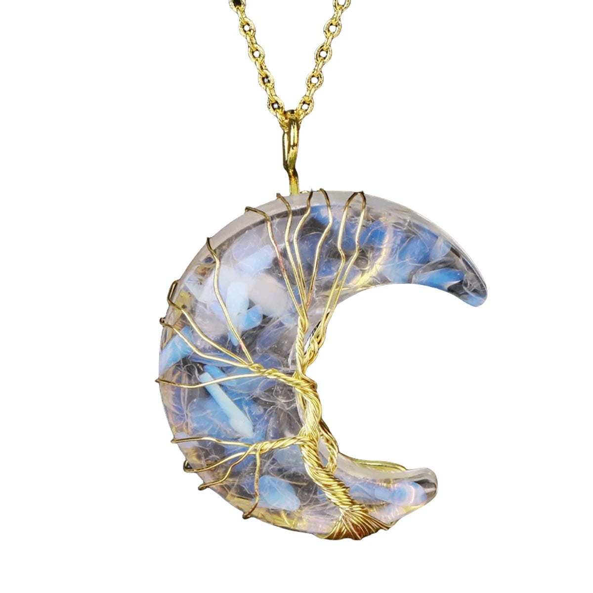 Dainty Gold Crescent Moon Pendant Necklace • Resin Crystal Chip Tree of Life Charm • Wiccan Goddess Spiritual Healing Crystal Jewelry
