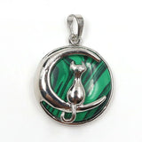 Round Natural Gemstone Pendant Silver Tone Crescent Moon Cat Crystal Charm for DIY Jewelry Making Necklace Craft Supplies