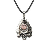 Dark Culture Silver Skull Fire Amulet Necklace • Vintage Biker Flame Skeleton Crystal Holder Pendant • Unisex Hip Hop Streetwear Jewelry