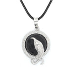 Eagle Silhouette Round Pendant Necklace Silver Lace Frame Natural Crystal Black Wax Cord Spirit Animal Jewelry
