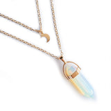 Layered Moon Choker Hexagonal Crystal Point Pendant Necklace, Natural Healing Gemstone Gold Plated Chain for Women